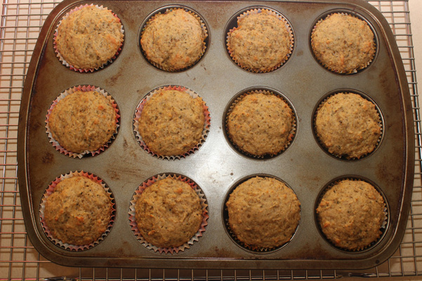 muffins, baked, still in tin