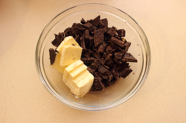 butter and chocolate in glass bowl, pre-melting