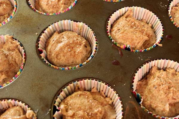 blood orange spice muffins batter in tin with cinnamon sugar