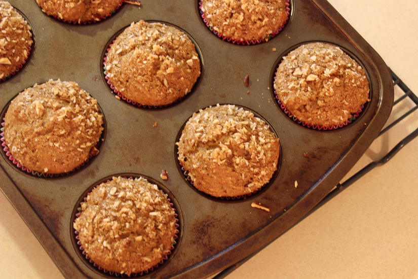 vanilla crunch muffins in tin, just out of the oven
