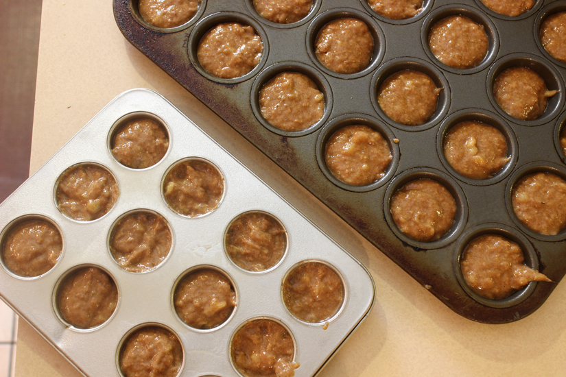 mini banana maple muffins batter in pan